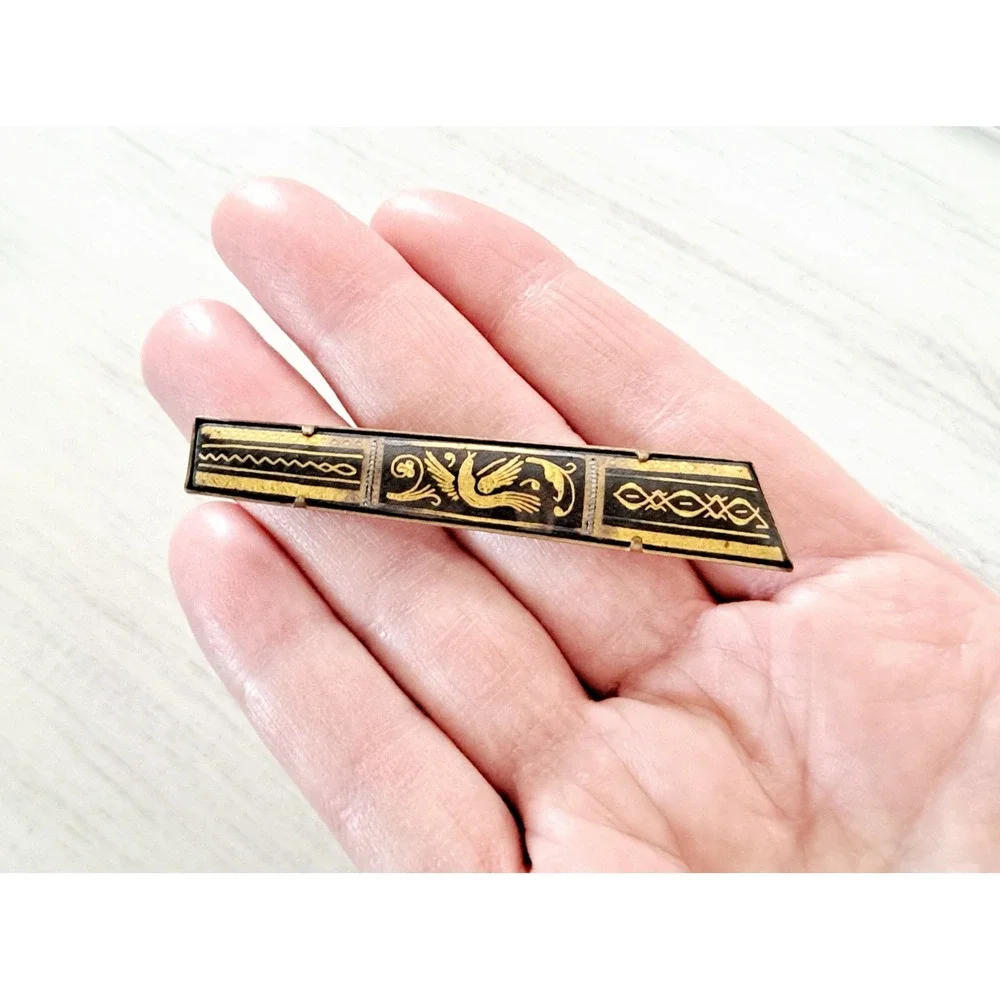 Vintage Tie Bar Damascene Bird Gold-Tone Black Rectangular Geometric Design